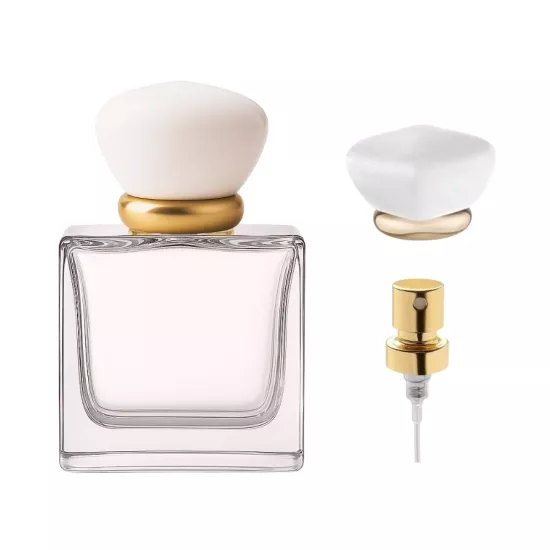 Harmony 50 ml Parfüm Şişesi | Beyaz Kapaklı, Gold Detaylı Premium Cam Şişe