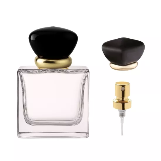 Harmony 50 ml Parfüm Şişesi | Siyah Kapaklı, Gold Detaylı Premium Cam Şişe