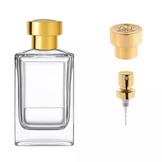 Kristal 100 ml Parfüm Şişesi | Üstü İşlemeli Gold Kapaklı Cam Şişe