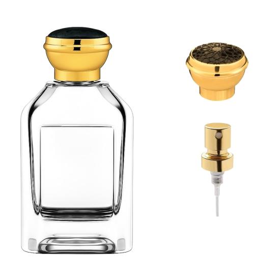 Velur 100 ml Parfüm Şişesi | Siyah İşlemeli Gold Kapaklı Cam Şişe