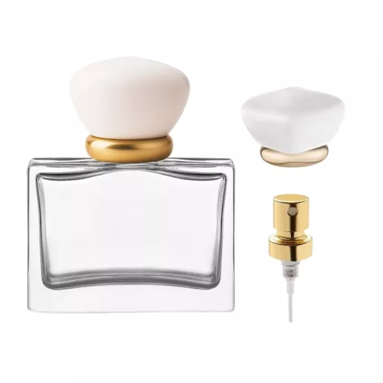 Viena 50 ml Parfüm Şişesi | Beyaz Kapaklı, Gold Detaylı Premium Cam Şişe